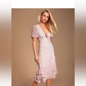 Blush pink floral print ruffled lace up midi dress medium size